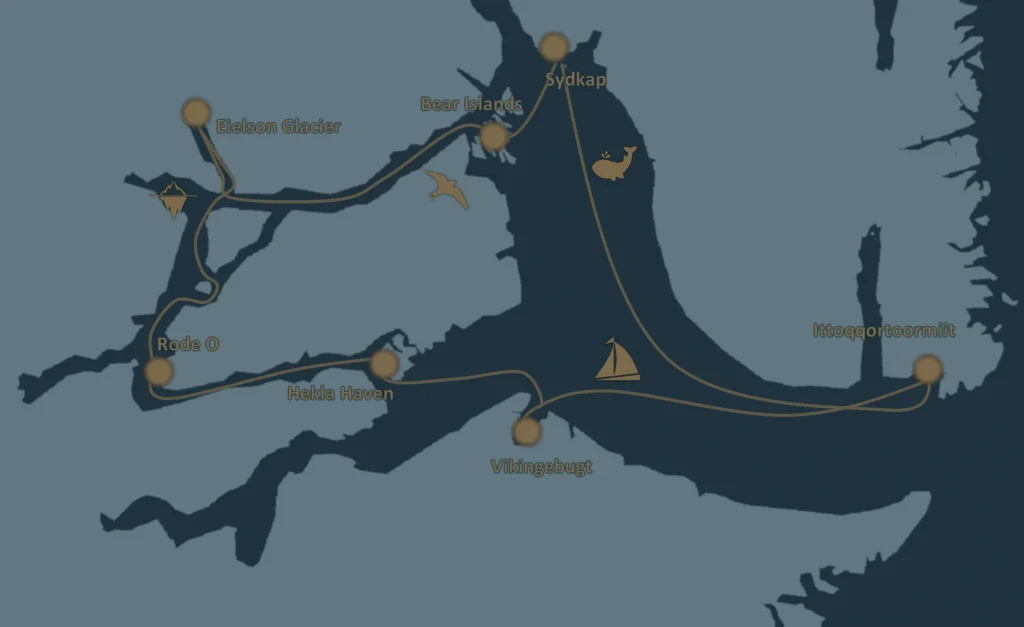 Mapa Scoresby Sund z zaznaczonymi punktami rejsu: Ittoqqortoormiit, Vikingebugt, Hekla Havn, Røde Ø, Eielson Glacier, Bear Islands i Sydkap.
