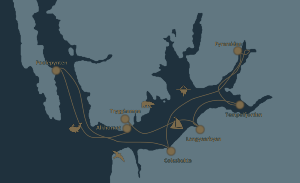 Mapa trasy rejsu po Svalbardzie W krainie skał i lodu: Longyearbyen, Trygghamna, Alkhornet, Poolepynten, Tempelfjorden, Pyramiden, Colesbukta.