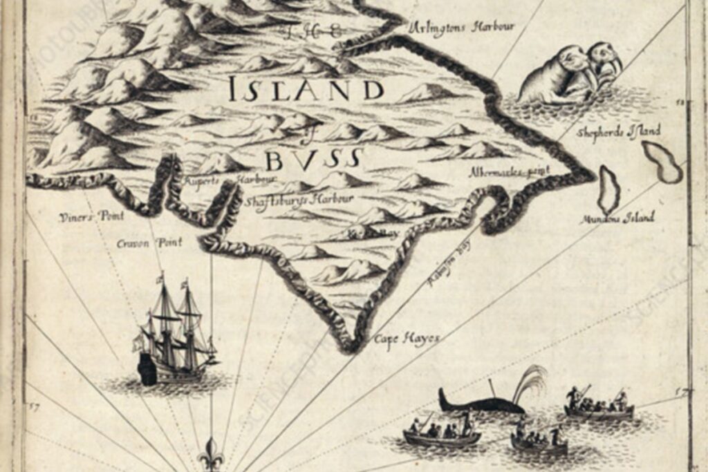 Historyczna mapa wyspy Buss Island z XVI wieku, nieistniejąca wyspa na północnym Atlantyku na dawnych mapach Europy