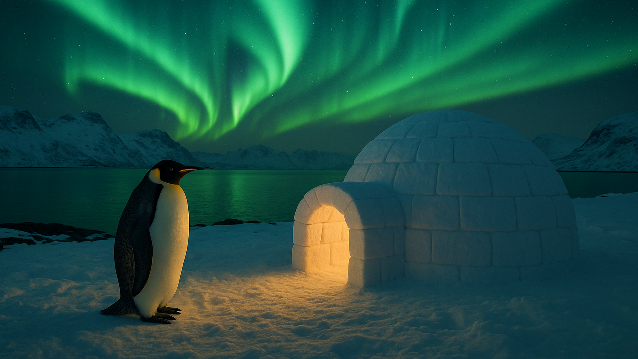 Grafika wygenerowana komputerowo przedstawiająca pingwina i igloo pod zorzą polarną