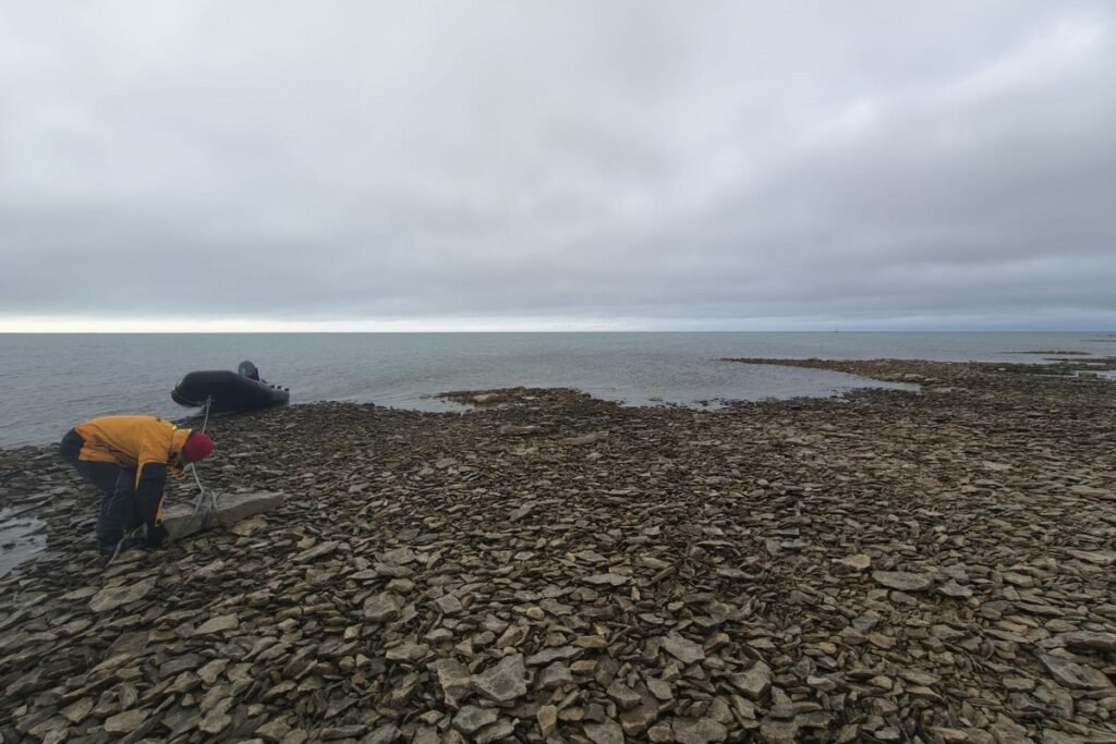 Desant pontonem na kamienisty brzeg Erebus Bay na King William Island podczas Northwest Passage 2026