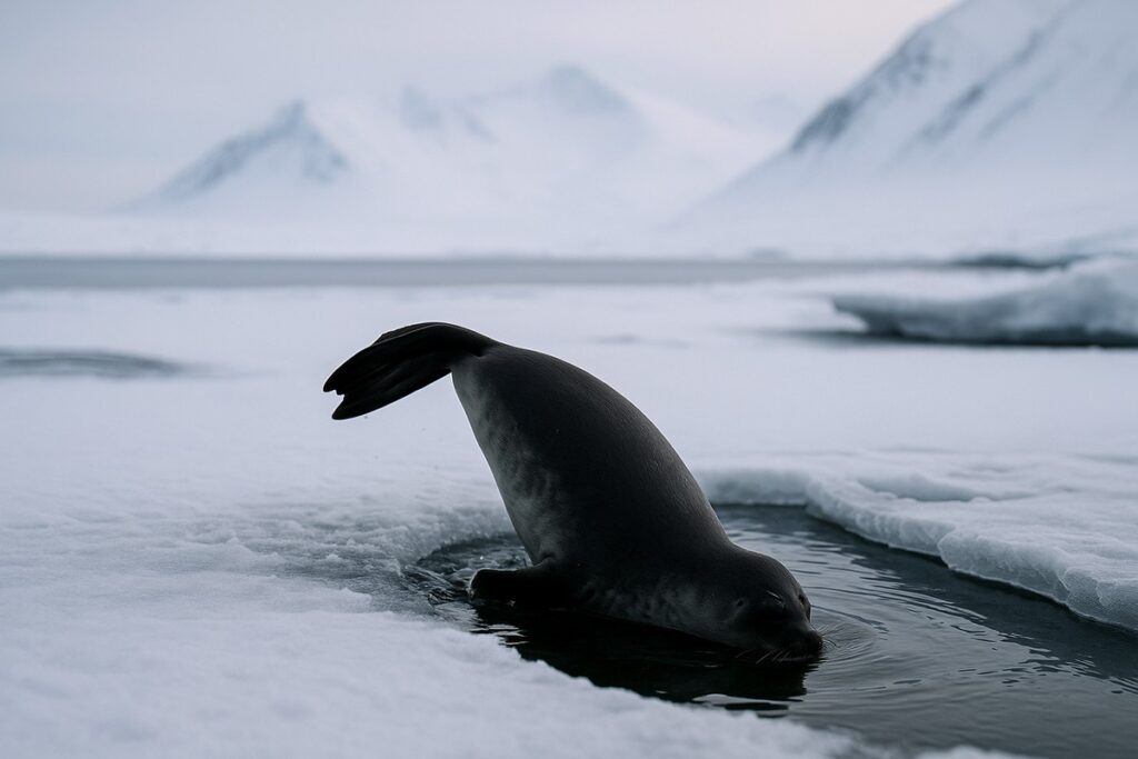 Foka obrączkowana zanurzająca się w otworze lodowym podczas wyprawy w Arktykę