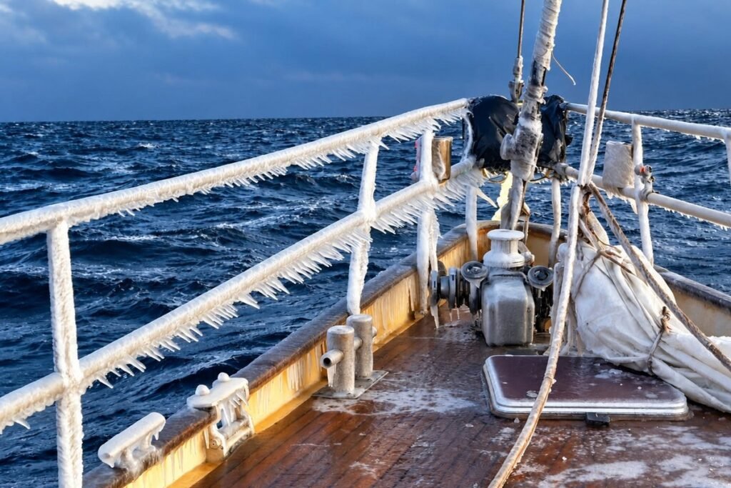 Oblodzony dziób jachtu Ocean A z soplami zwisającymi z relingów podczas żeglugi po wzburzonym morzu.