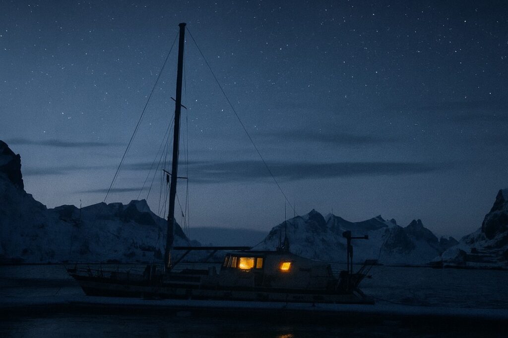 oświetlony jacht zacumowany nocą w fiordzie, otoczony górami