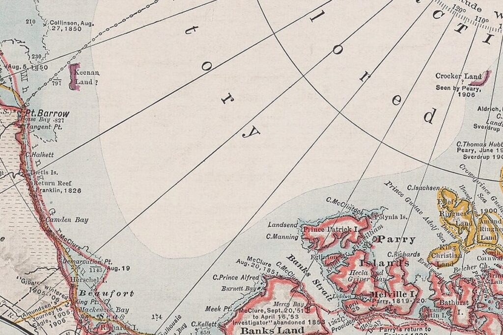 Historyczna mapa Arktyki z zaznaczoną Keenan Land i Crocker Land na północ od Alaski i Grenlandii, mapa błędów kartografii polarnej z 1907 roku