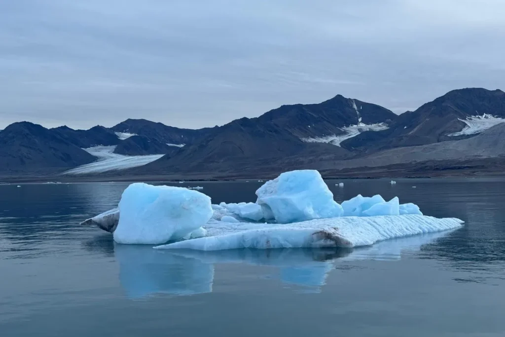 Fiord i lodowiec na północnym Svalbardzie widziany z pokładu jachtu