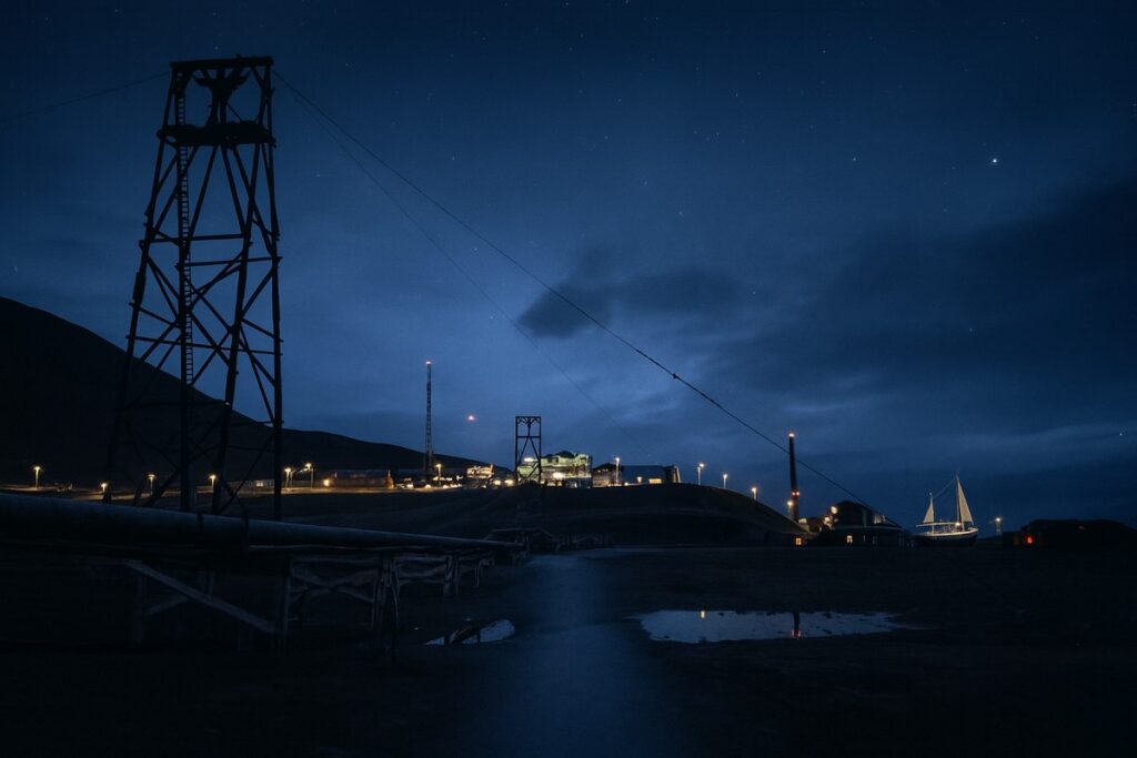 nocna panorama Longyearbyen z wieżami transportowymi i oświetlonymi budynkami