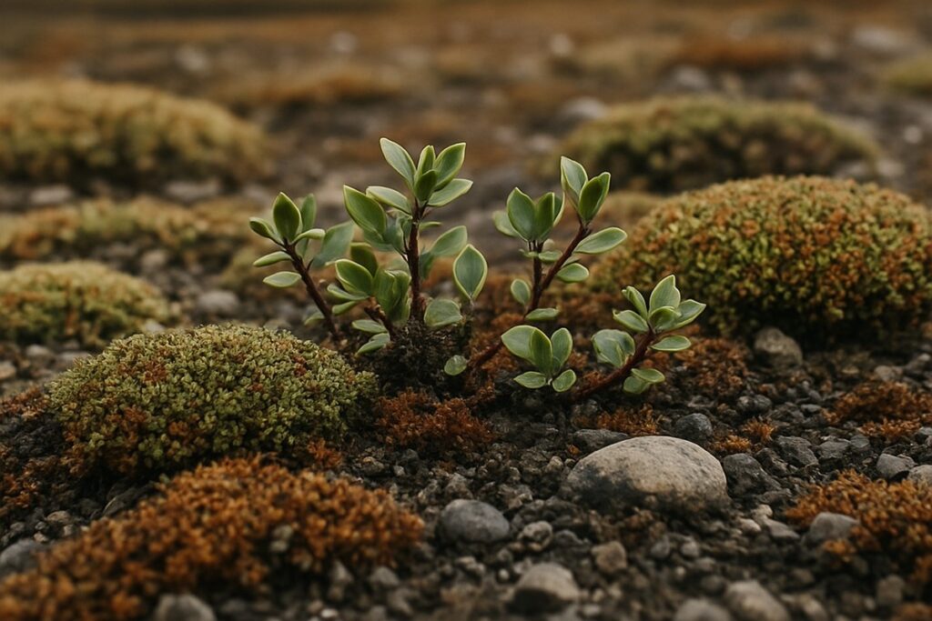 Salix polaris na żwirowej tundrze Svalbardu w otoczeniu gór