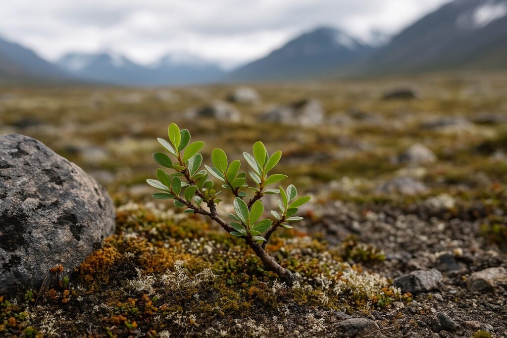 Wierzba polarna na tundrze Svalbardu rosnąca tuż przy ziemi