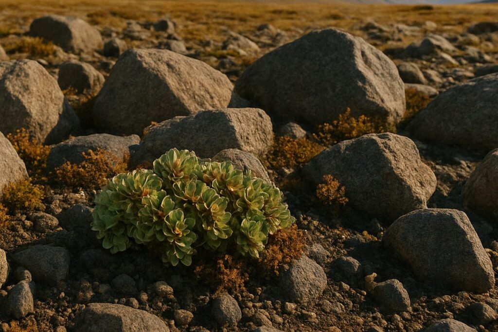 Niskie krzewy arktyczne rosnące między kamieniami na Svalbardzie