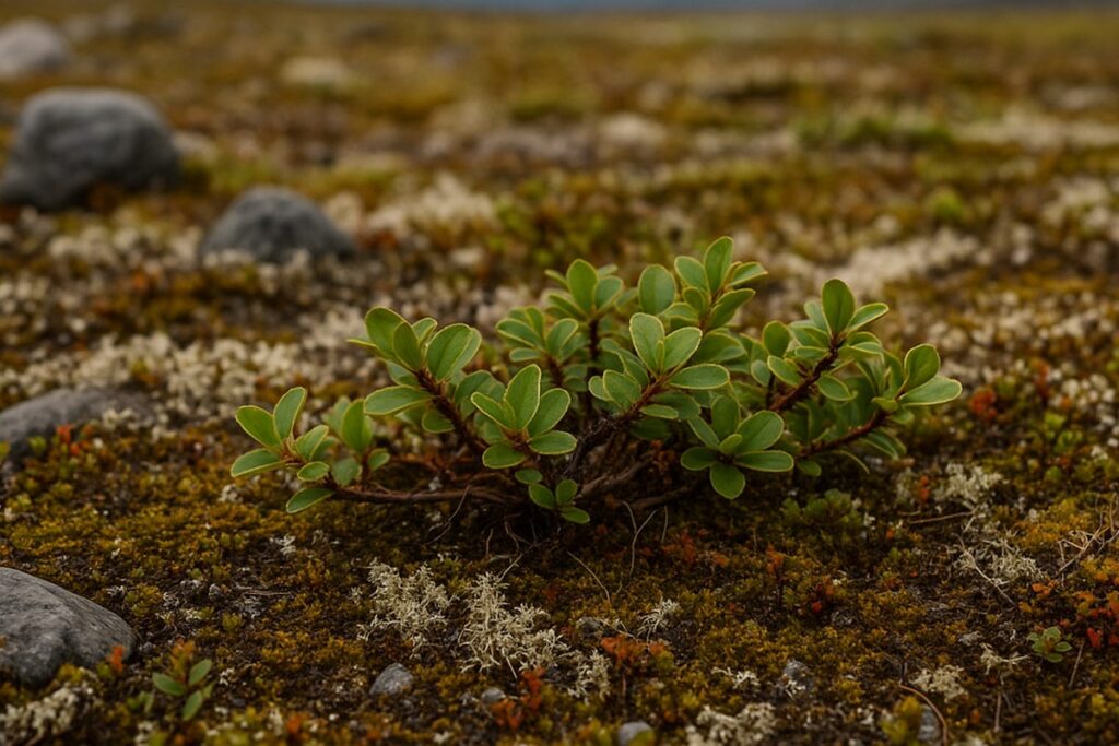 Wierzba polarna rosnąca wśród mchów i porostów na tundrze Svalbardu