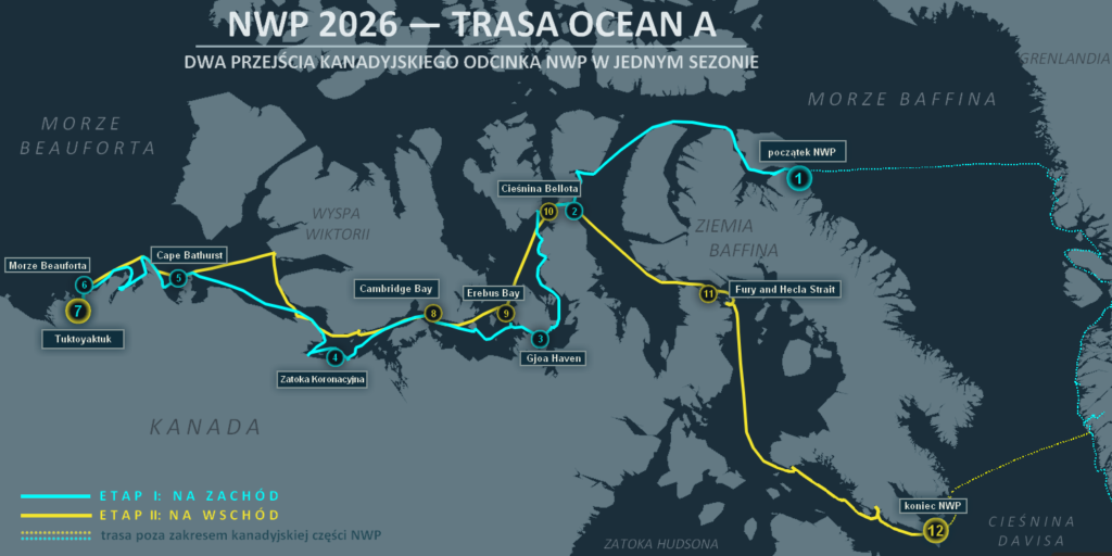 Mapa trasy jachtu OCEAN A przez kanadyjską część Przejścia Północno-Zachodniego w 2026 roku – etap na zachód do Tuktoyaktuk i powrót na wschód.