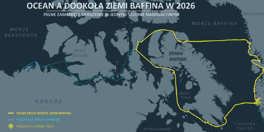 Mapa pełnego okrążenia Ziemi Baffina przez jacht Ocean A w sezonie 2026, z zaznaczoną pętlą i pozostałą trasą wyprawy.