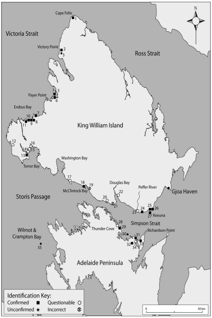 Mapa 35 lokalizacji szczątków członków ekspedycji Franklina na King William Island i Adelaide Peninsula