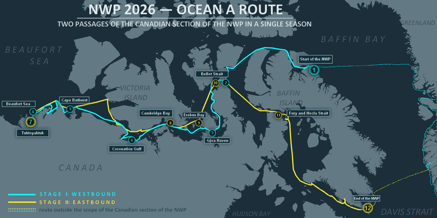 Mapa trasy jachtu OCEAN A przez kanadyjską część Przejścia Północno-Zachodniego w 2026 roku – etap na zachód do Tuktoyaktuk i powrót na wschód.