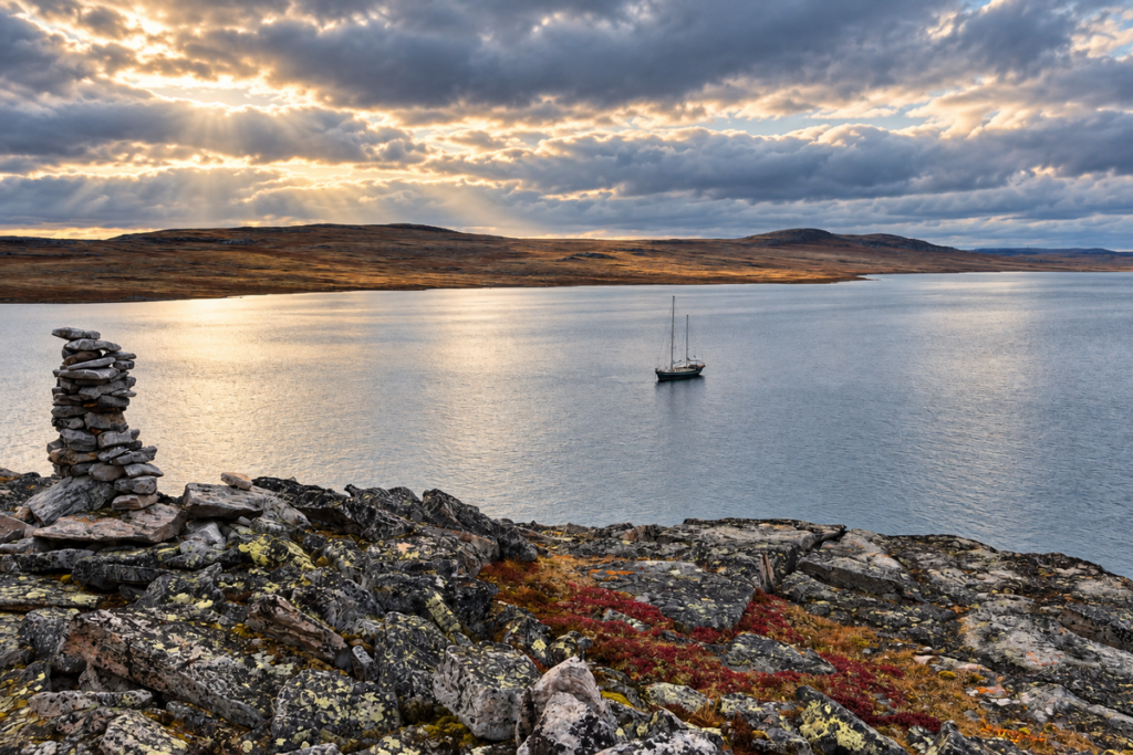 Ocean A na kotwicy w Johansen Bay przy Wyspie Wiktorii, widziany ze skalistego brzegu
