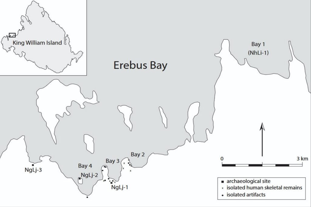 Mapa stanowisk archeologicznych NgLj-1, NgLj-2 i NgLj-3 oraz miejsc odnalezienia szczątków w Erebus Bay