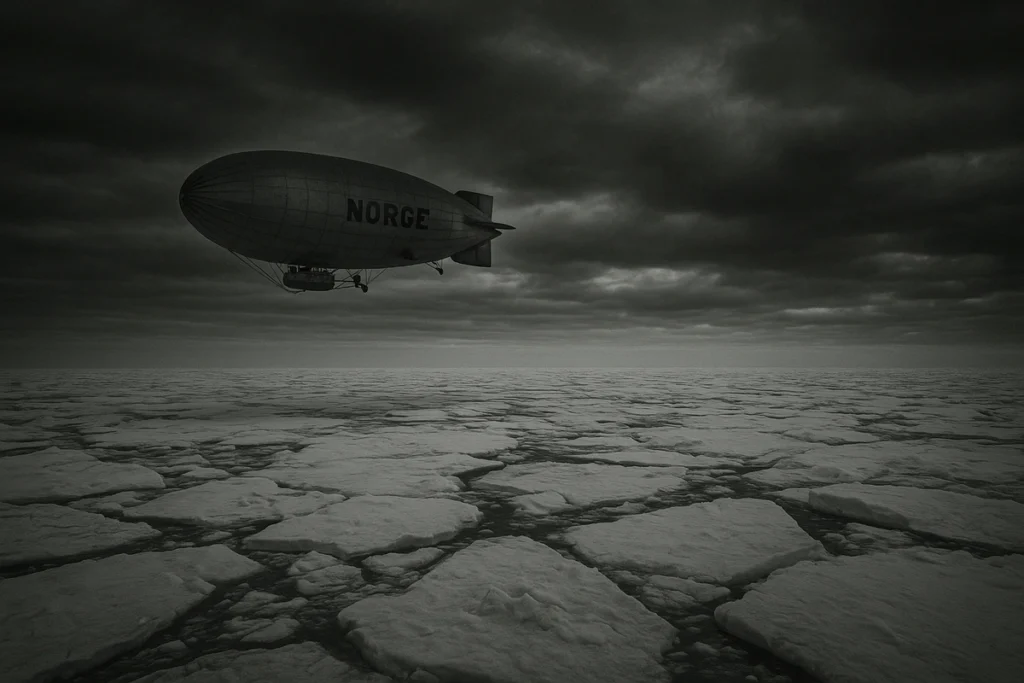 Grafika komputerowa przedstawiająca sterowiec Norge lecący nad arktycznym pakiem lodowym