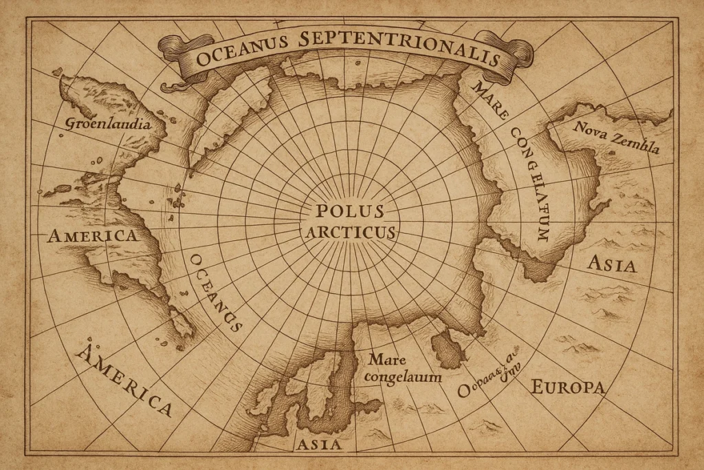 Komputerowa grafika stylizowana na starą mapę bieguna północnego