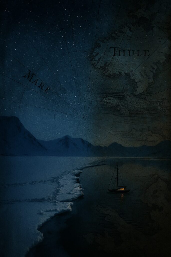 grafika z arktycznym krajobrazem, jachtem i fragmentem fikcyjnej mapy Thule