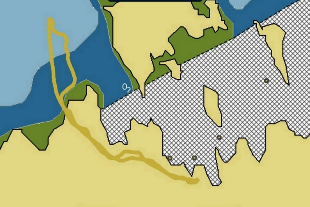 Track desantu pontonem z Ocean A i marszu po lądzie w Erebus Bay na Wyspie Króla Williama