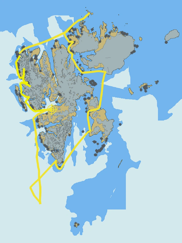 Mapa Svalbardu z zaznaczoną trasą żeglugi dookoła archipelagu, wrzesień 2025