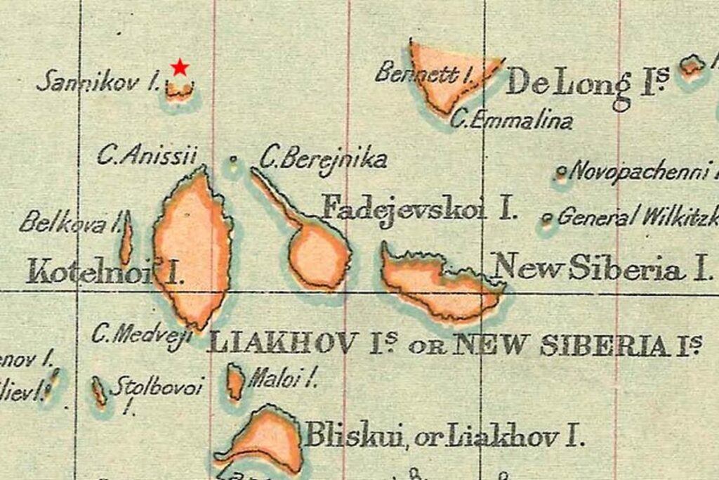 Mapa archipelagu Wysp Nowosyberyjskich z zaznaczoną Ziemią Sannikowa