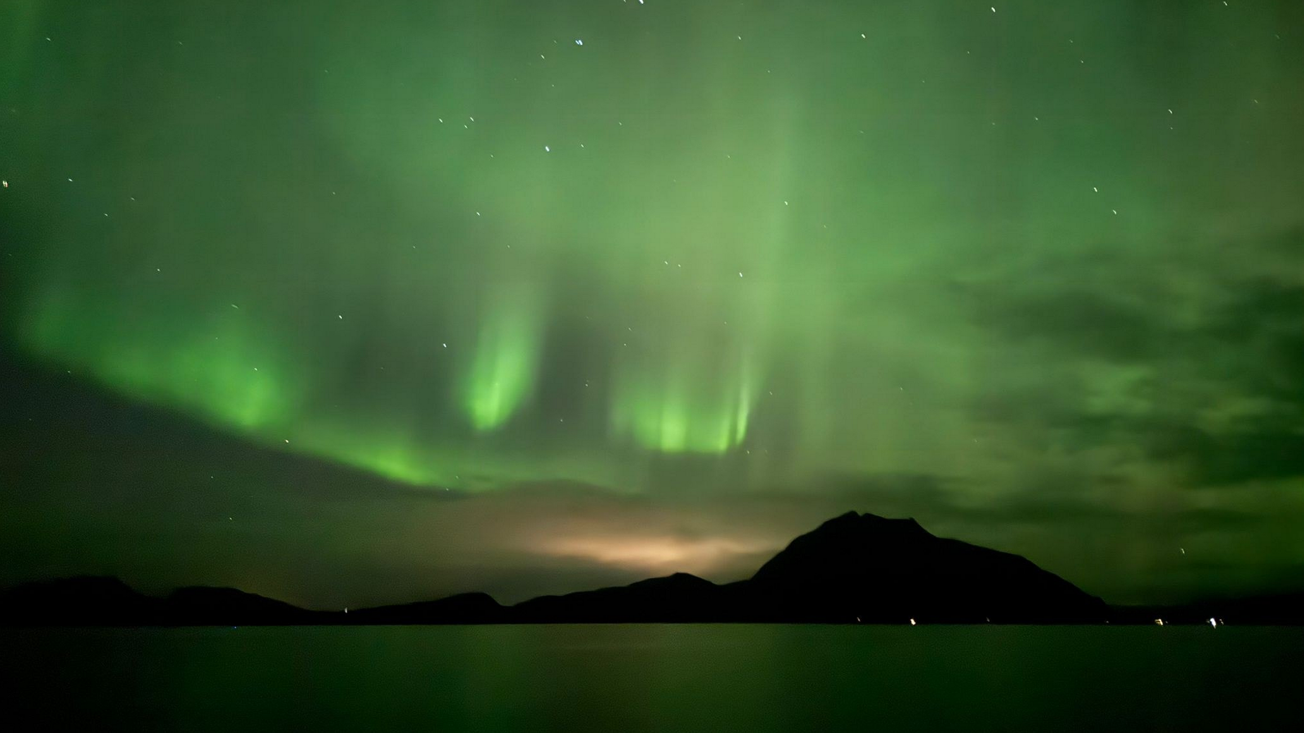 Zorza polarna nad fiordem arktycznym nocą – pasma zielonego światła widoczne nad horyzontem Arktyki